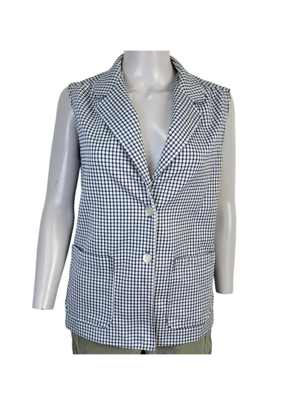 Vintage 70s Vest Jacket Women Medium 8 10 White Blue Top Collar Gingham Retro M